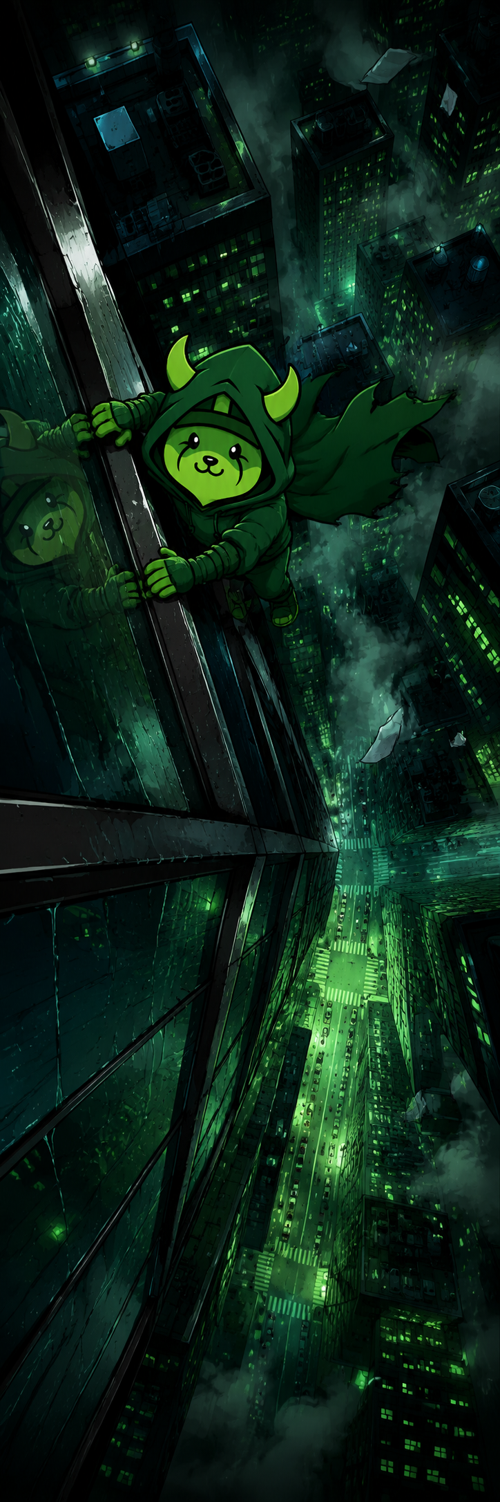 Flokinhood climbing above the green city