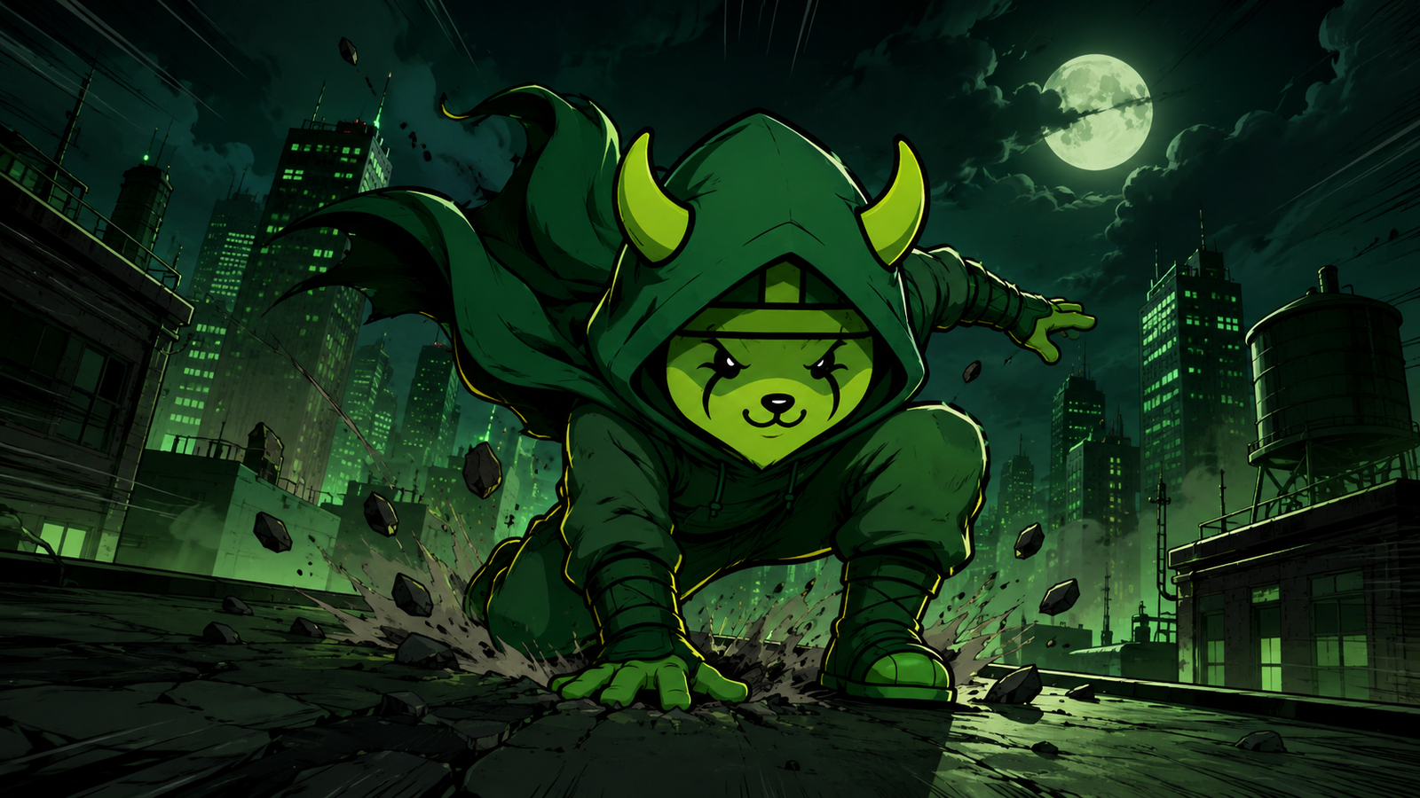 Flokinhood landing on a moonlit city rooftop