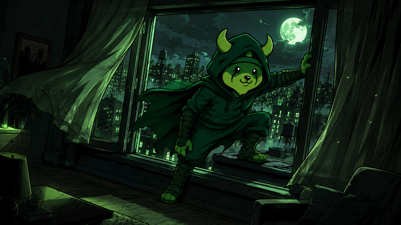 Flokinhood climbing through a window above the green city