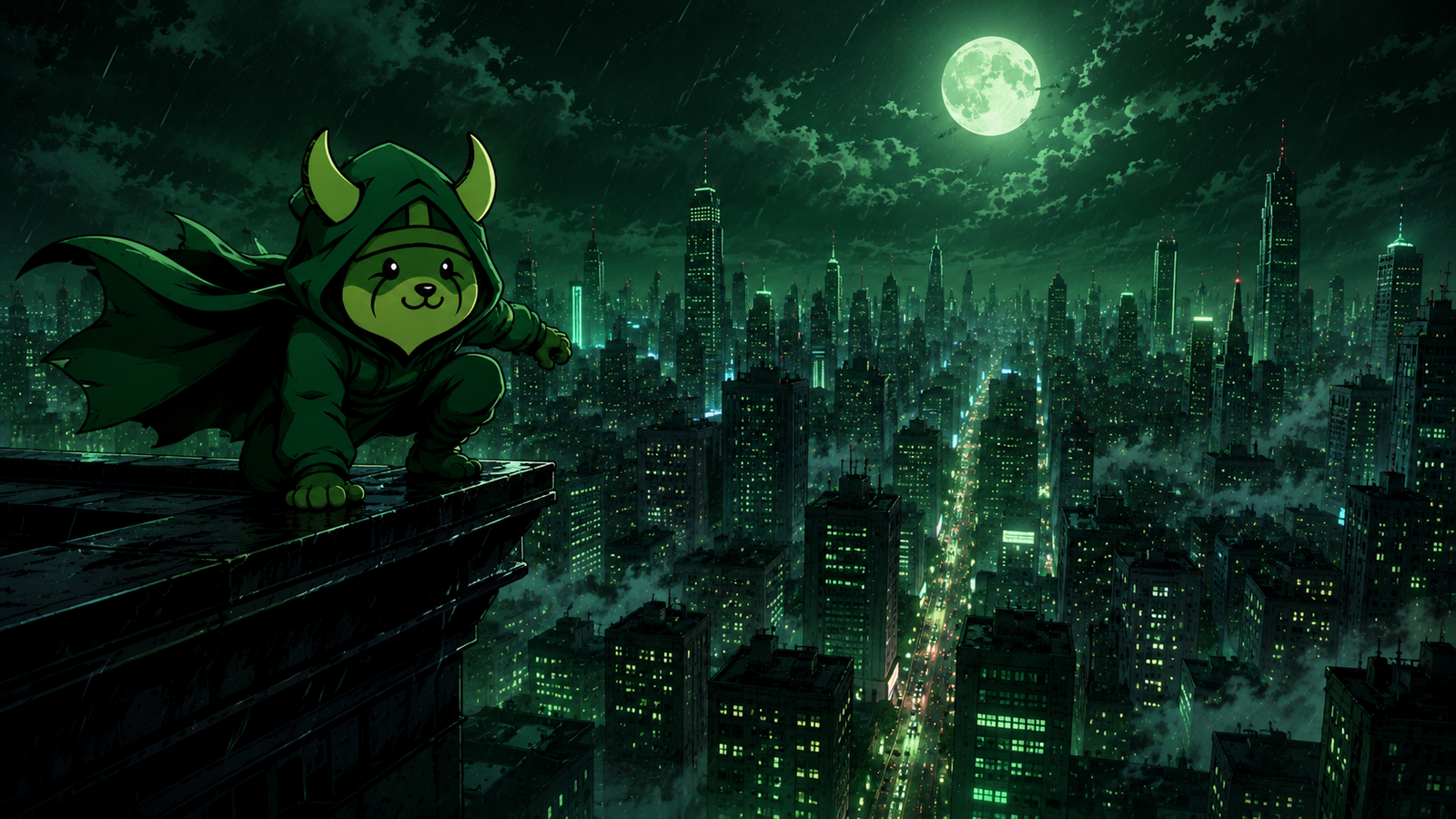 Flokinhood watching the city from a rainy rooftop